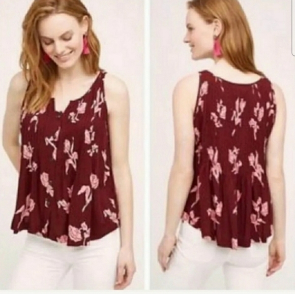 Maeve Floral Burgundy Peplum Tank Top Blouse Size 2 - Picture 1 of 7